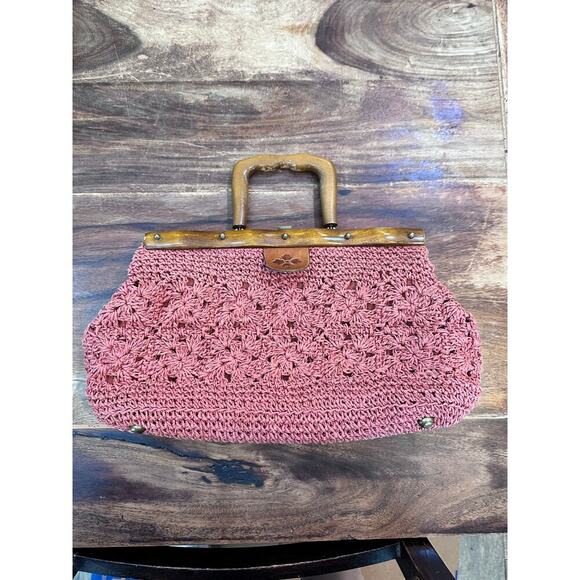 Patricia Nash Carmen Salmon Crochet Wood Leather Shoulder Chain Satchel Handbag - Picture 2 of 7